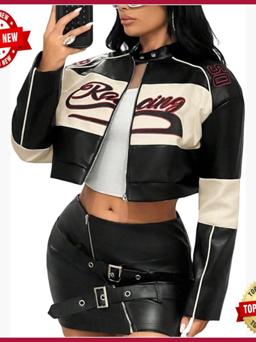 Faux Leather Crop Jacket with Graphic Design, Long Sleeve Zip Up